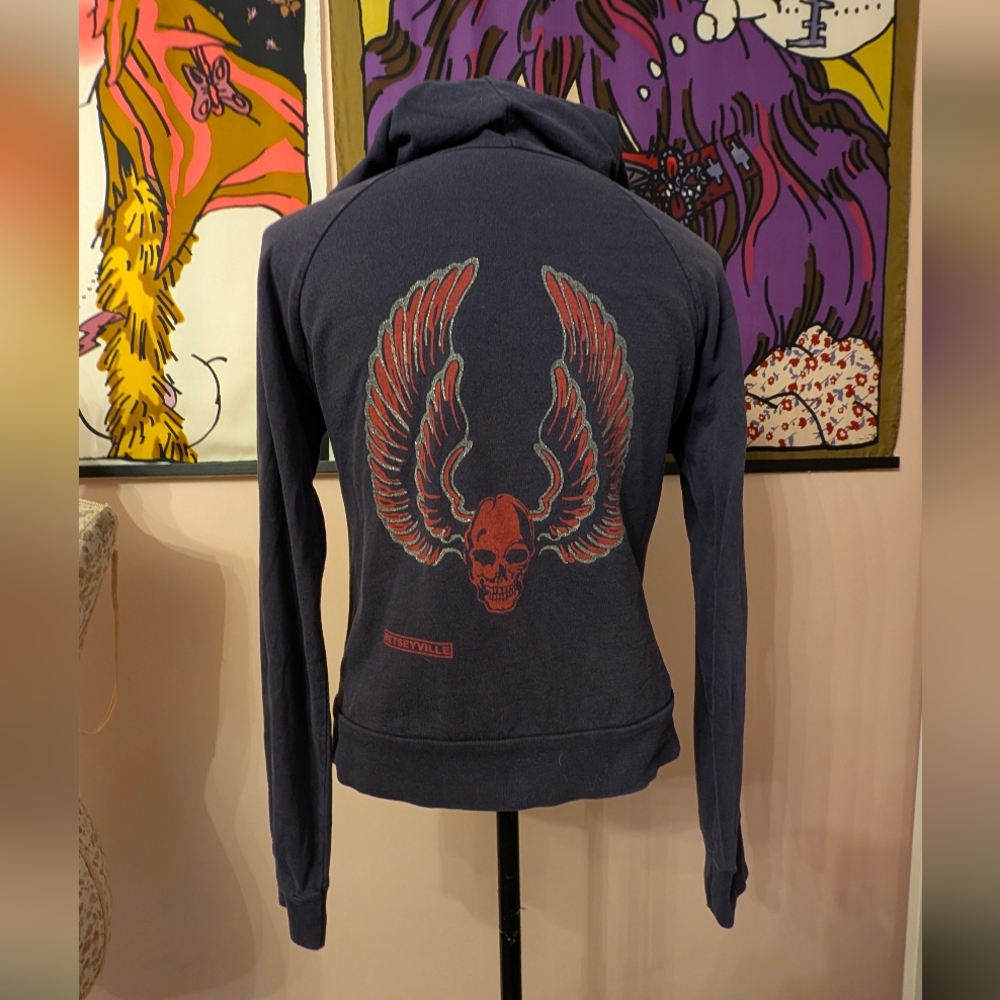 Blue Hoodie with Red Winged Skull Design